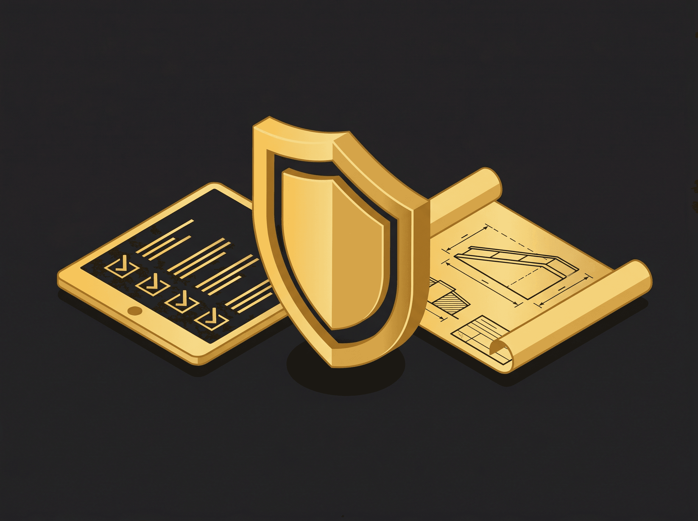 Gold shield in front of a safety checklist and a ramp blueprint